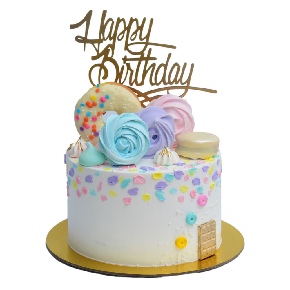 Torta pastel con donas y letrero Happy Birthday