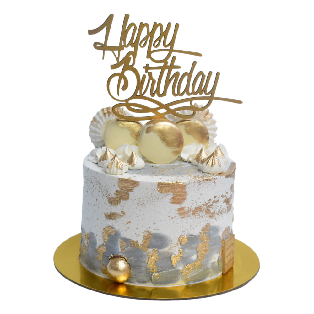 Torta plateada y dorada con letrero de Happy Birthday